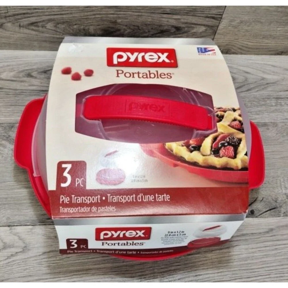 Pyrex Portables 3 Pc Pie Transport 9 Inch Glass Dish Locking Carrier Cover USA